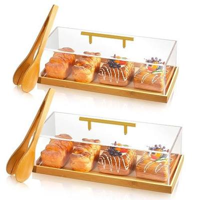 FoldTier 2 Pack Rectangular Cake Tray with Lid 14" x 6" x 4" and 15" x 7" x 4", Clear Acrylic Cover & Wooden Charcuterie Board, Bakery Display Case with Tong for Bread Pastries Cheese (Bamboo)