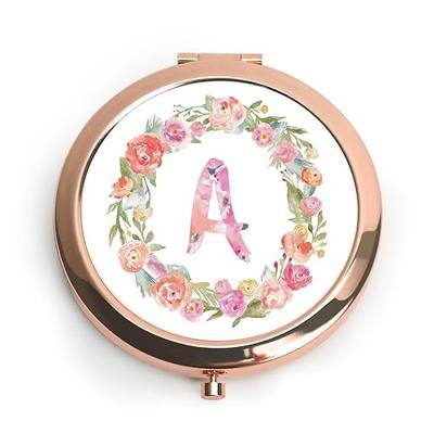 Personalized Gift for Women Girls Her, Custom Gifts for Adult Teen, Floral Monogram Alphabet Initial Compact Mirror for Birthday, Graduation, Mothers Day, Basket Stuffers