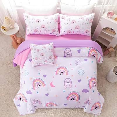 Pink Purple Rainbow Comforter Set Twin Size, 6 Pieces Moon Heart Print Kids Bedding Sets with Sheets, Soft Lightweight Bed in A Bag for Teen Girl Bedroom (Rainbow, Twin)