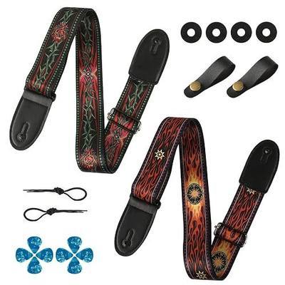 2 Pack Guitar Strap with Leather Ends for Electric Acoustic Guitar Bass | Printed Adjustable Guitar Straps for Beginer Men Women and Kids 60 Inch Soft Acoustic Guitar Strap for Purse (Vintage)