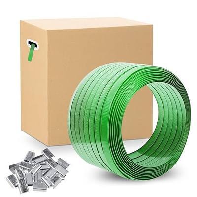 Heavy Duty Packaging Strapping Banding Roll - Green Polyester PET Industrial-Grade, 2000' x 5/8" x 0.035" Pallet Strap Coil - 1400 lbs Break Strength, Includes 200 Pcs Metal Clips