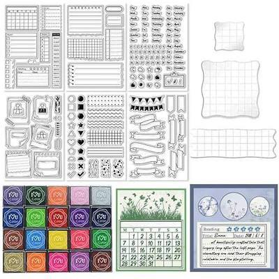 29 Pcs Journal Stamps for Crafting Card Making Supplies Set | 3 Acrylic Clear Stamp Blocks, 6 Clear Silicone Stamps Seals, 20 Craft Ink Pads Calendar Planner Stamp for DIY