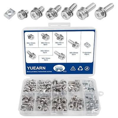 96PCS Motorcycle Battery Terminal Bolts and Nuts Kit, 304 Stainless Steel | M6x10/12/14/16/18/20mm Battery Bolt with Square Nut for ATV Bike, Lawn Mower, Scooter, More