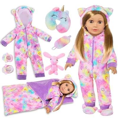 American 18" Doll Clothes and Sleep Bag Accessories,Sleepover Outfit Set Fits 18 Inch Dolls Include Rainbow Costume,Unicorn Style Pillow,Eye Mask,Shoes,Animal Toy Gifts for Girls (No Doll)