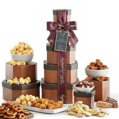 Broadway Basketeers Sympathy Gift Basket Tower – Gourmet Food Gift for Loss of Loved One – Bereavement & Condolences Gift Basket with Cookies & Snacks to Comfort Family and Friends, Kosher