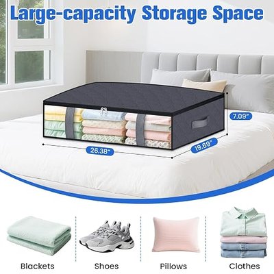 TasticTotes Under Bed Storage Containers, 4 Pack Blanket Storage Bags, Collapsible Storage Bags with Big Zippers, Clear Front, Shoe Storage and Organization for Clothes, Comforter, 60L, Grey