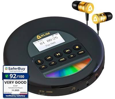 KLIM Nomad - Portable CD Player with Long-Lasting Battery - with Headphones - Radio FM - Compatible MP3 CD Player Portable - TF Card Radio FM Bluetooth - Ideal for Cars - Or