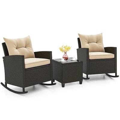 KOTEK 3 Piece Patio Furniture Rocking Bistro Set, Wicker Outdoor Rocking Chairs & Glass Table, PE Rattan Conversation Set for Porch, Balcony, Deck, Poolside (Mix Brown- Beige)