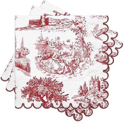 RUSPEPA 25 Pcs Toile Vintage Christmas Cocktail Napkins, 3 Ply Red and White French Country Scene Design Disposable Napkin Paper for Holiday Party, Winter Wedding, Tea Party Decor, 5 x 5 Inch