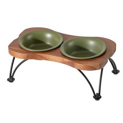 Havniva Ceramic Raised Double-Bowl Set with Non-Slip Stand, 1 Cup Food or 7.8 oz Water Dishes for Puppies and Cats, Wide Opening with Rounded Edges(Olive Green)