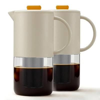 Delove Cold Brew Coffee Maker with Auto Spout – Shatterproof Plastic Shell, Wide Mouth Design – 62 oz (1.9 Quart) Iced Tea Glass Carafe with Removable Removable Mesh Filter (2, Beige)