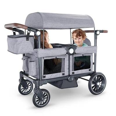 Kinder King Folding Wagon Stroller for 2 Kids, Shock-Absorbing Wheel, Gray | All-Terrain 2 Seater Stroller Wagon Outdoor, Removable Canopy, Adjustable Handle, Detachable Tray, Parent Organizer