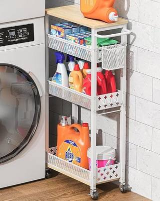 XYZLVSI Slim Rolling Storage Cart, 4 Tier Narrow Shelf for Small Spaces | Skinny rolling cart 14.4" bottom shelf, wire basket, hooks, ideal for kitchen/bathroom/dorm, between washer and dryer storage