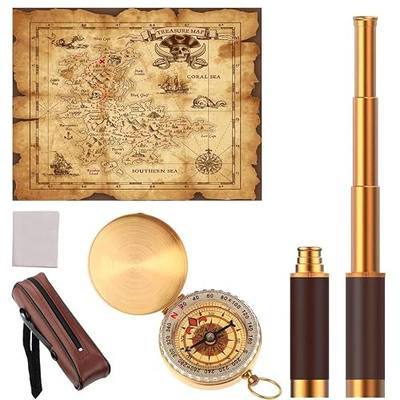 Pirate Accessories, Pirate Telescope with Treasure Map and Pocket Compass, Handheld Collapsible 25x30 Zoomable Monocular Spy Glasses, Brass Compass and Telescope for Party Cosplay Boy Gifts
