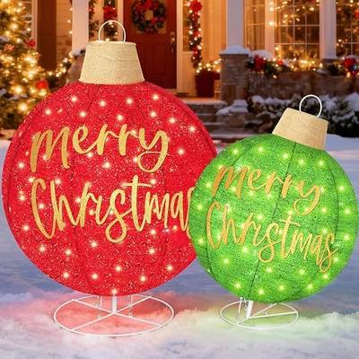 TOWPONICS 2Pcs Lighted Pop-Up Outdoor Christmas Ornaments Set, 35 Inch Large Outdoor Christmas Balls Decorations for Yard Lawn with 185 LED Lights, 8 Lighting Modes, Reinforced Metal Base - Red/Green