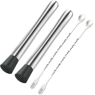 4Pcs 10'' Muddler and Spoon Set for Cocktails 304 Stainless Steel Fruit Smasher Home Bar Bartender Accessories Stirrers Mixing Tools for Mojitos Drinks Lemonade Stand Supplies