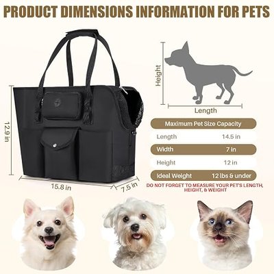 SlowTon Dog Purse Carrier - Portable Dog Carrier with Pockets & Safety Leash for Small Dogs Under 12 lbs, Breathable Pet Tote Bag for Cat Rabbit Outing, Travel, Vet (Black)