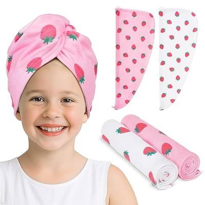 Kids Microfiber Hair Towel Wrap 2Pack Absorbent Hair Drying Turban for Girl | quick dry microfiber, elastic loop and button, gentle for curly thick hair, 2 pack set, Cute pattern print