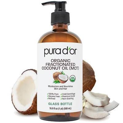 PURA D'OR ORGANIC Fractionated Coconut Oil MCT Oil (16.9 Oz GLASS BOTTLE) 100% Pure & Natural