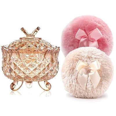 Luxury 4 Inch Glass Powder Container with 2 Soft 3.5" Puffs, puff Jar,Loose Powder Storage,Easter Gifts for Women(Butterfly-Amberl)