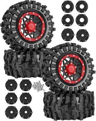 1/10 Scale RC Truck Tires,Wheels and Tires w/12/14/17MM Hex for Rustler Stampede Hoss,Arrm a Granite Vorteks Big Rock 3S,1/10 Off Road Tires Rubber Truck Tyres w/Foam Insert,Black w/Red
