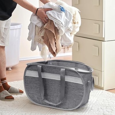Collapsible Tear Proof Laundry Baskets with Dual Handles, Grey | 70L, Foldable, Pop up Hamper, Reinforced Durable Laundry Hamper for Home, Laundry, Bathroom, Dorm or Travel