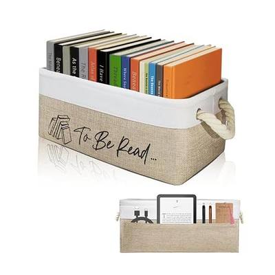 Book Lovers Gifts TBR Book Storage Basket with Back Side Pocket to Be Read List Storage Bin Reading Accessories for Club Members & Librarians Bookish Gifts (White and Brown)