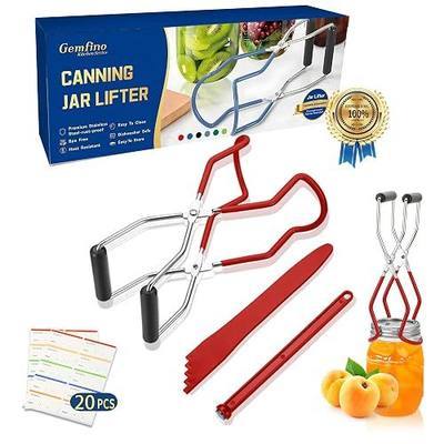 Canning Jar Lifter Tongs with Jar Lid Lifter Magnetic Lid Lifter,Canning Bubble Popper Bubble Remover and Canning Labels for Canning Supplies Starter Kit,4Pcs Canning Tools-Red