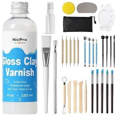 Nicpro 120ml Air Dry Clay Glaze and 32 PCS Clay Tools Kit, Gloss Varnish | Gloss Glaze,Prevents Clay Scratches & Wear,Waterproof, Pottery Tools,Used for Stippling, Carving,Molding,and Shaping Crafts