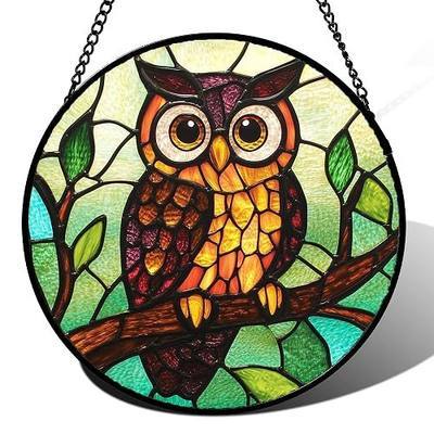 Stained Glass Window Hanging - Owl on a Branch Suncatcher for Doors Window Home Orange Brown Sun Catchers Decor Christmas Mother's Day Birthday Gifts for Teacher Women Men Mom Nana 9.8 in