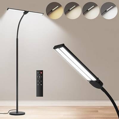 LED Floor Lamp for Living Room, Bright Reading Lamps for Office, Adjustable Colors Temperatures&Brightness, Dual Head Goose-Neck Standing Lamp, Remote and Button Control, Eye Caring Tall Lamp, Black