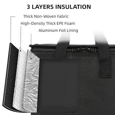 19.6" x 19.6" x 5.9" Insulated Pizza Delivery Bag with Zipper Closure, Thermal Food Carrier for Hot & Cold Meals, Reusable Delivery Bag for Catering, Transport & Home Use, Black (1 Pack)