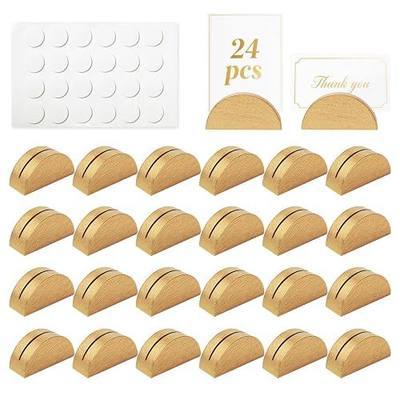 Worown 24-Pack Gold Wooden Table Number Stands (1.6 Inch Small Size), Semicircular Table Name Holders Include Double-Sided Stickers, Indoor Wedding Place Card Holders for Banquet Party Restaurant