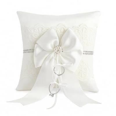 Wedding Ring Bearer Pillow: 8.2 x 8.2 Inch Ivory Satin Ring Cushion with Lace & Pearl Bow – Ceremony Ring Holder for Flower Boy or Girl