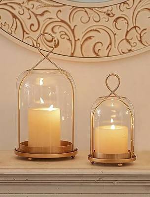 NUPTIO Glass Lanterns Decorative Outdoor, Gold Hurricane Candle Holders | Set of 2 Hanging Lantern for Pillar Candles, Table Centerpiece for Home Thanksgiving Christmas Party