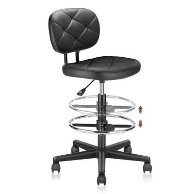 KLASIKA Leather Drafting Stool Chair with Ergonomic Backrest & Footrest, Padded Seat Adjustable Height 360° Swivel Rolling Stools, Tall Office Chair for Standing Desk, Shop, Drawing, Work, Black