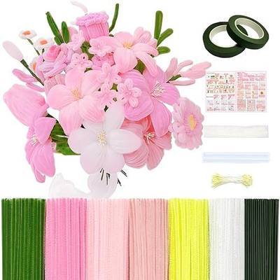 601PCS Pipe Cleaner Flower Kit, Pink Pipe Cleaners Bulk for Flower Making | Pastel Pipe Cleaners DIY Craft Supplies with Floral Wire Tape Glue Sticks Ribbon Stamen, Instruction & Video Guide for Flower
