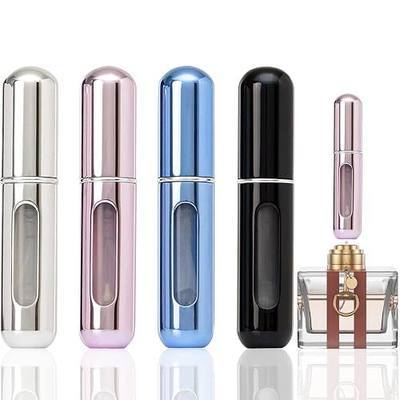 opasyo 4 Pcs Mini Perfume Atomizer Refillable Bottle, 5ml Portable Bottom Fill Scent Dispenser, Leak-Proof Cologne Travel Spray Pump for Purse & Luggage (Silver/Pink/Blue/Black)