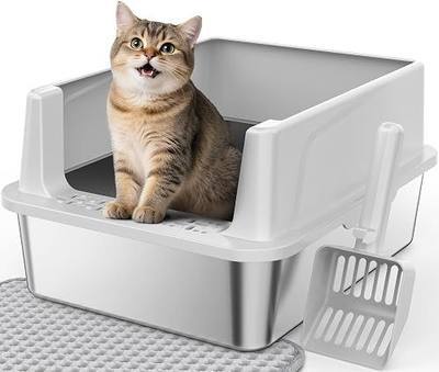 FURTIME Stainless Steel Cat Litter Box, Easy-Clean High-Sided Metal Litter Box, Open-Top Litter Pan for Small Cats, Includes Scoop & Mat, Non-Stick, Anti-Leakage, 17"×13"×8.4"