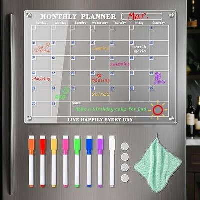 Magnetic Acrylic Fridge Calendar, Clear Monthly Planner for Kitchen & Home | 15"x11" Board, 8 Vibrant Dry-Erase Markers, 4 Strong Magnets, No Slide, Cloth Included, Stain-Proof Wipe Clean, Sleek Look