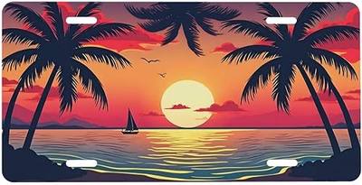 Front License Plate Sunset Palm Tree Vanity Plates Aluminum Cool | Metal Decorative Car Tag Flowers Rainbow Beach Novelty License Plate Cover for Men Women 6 * 12 in (4 Holes)