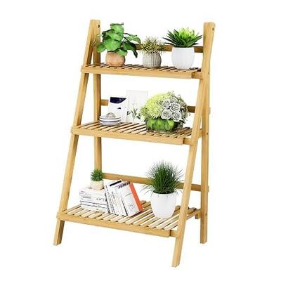 Foldable Ladder Shelf 39.4", Plant Shelf 3 Tier, Bamboo Ladder Flower Pot Display Shelf, Freestanding Ladder Bookshelf for Living Room, Balcony, Yard, Garden, 23.6"W x 15"D x 39.4"H, Natural