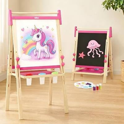 Belleur Wooden Art Easel for Kids 2+, Adjustable Double Sided Easel for Toddlers with Dry-Erase Board & Magnetic Whiteboard & Paper Roll Rod, 28"-40" Height Learning Toys, Gift for Child - Pink