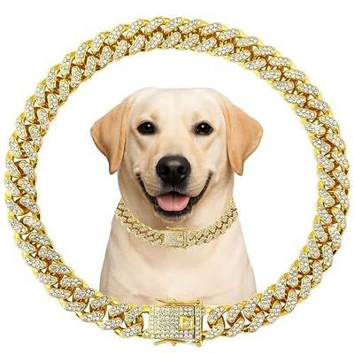 Cuban Link Dog Chain Collar Gold Crystal Dog Necklace Metal with Design Secure Buckle Pet Collar Jewelry Accessories for Small Medium Large Dogs Cats(Glod 24inch)