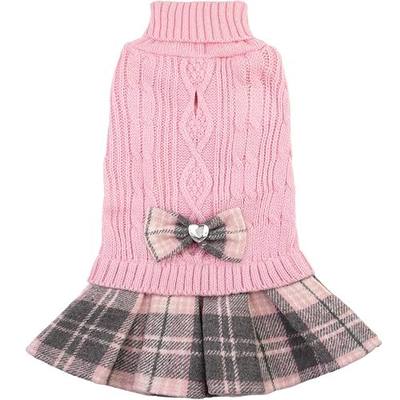 Small Dog Sweater Dress with Bowtie Turtleneck Knitted Puppy Winter Clothes Girl Warm Dog Sweaters with Leash Hole for Yorkies Chihuahua Toy Poodle (S, Pink)