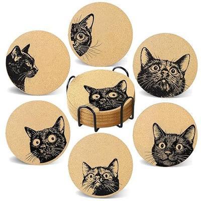 Coasters for Drinks with Holder Set of 6, Curious Cat Cork Coaster Absorbent for Office Desk Cat Table Coasters Kitchen Decor House Warming Gifts for New Home Couples, Round 4"