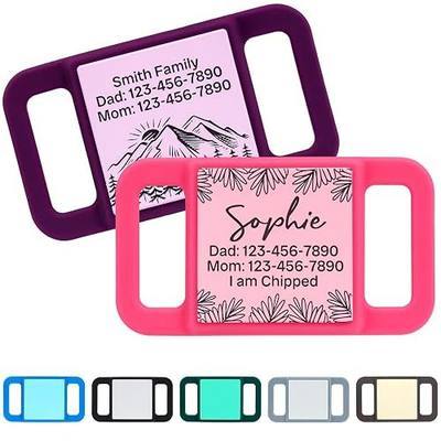 Silent Dog Tag, Personalized Engraved Tracker Case for Pet Collar, Quiet Slide On Tags for Collars