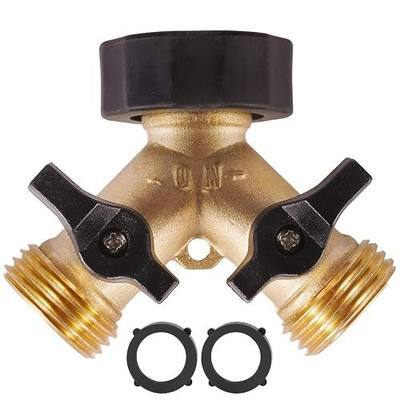 Garden Hose Splitter 2 Way Heavy Duty, Brass Hose Y Splitter with Shutoff Valve, Easy Grip Handle, Water Spigot Outdoor Faucet Splitter Y Adapter with 2 Extra Rubber Washers