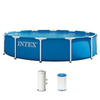 Intex Metal Frame 12 ft x 30 in Above Ground Pool Set, Round Swimming Pool with Steel Frame, 530 GPH Cartridge Filter Pump, and Type A Filter Cartridge
