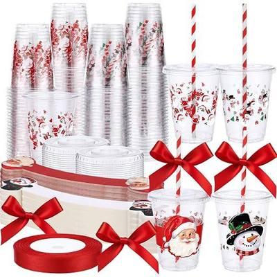 Jingmore 60 Pcs 12 oz Christmas Plastic Cups Bulk with Lids Sleeves and Straws Snowman Santa Claus Plastic Cups Xmas Disposable Clear Mugs Party Favor Holiday Birthday Wedding Party Supplies
